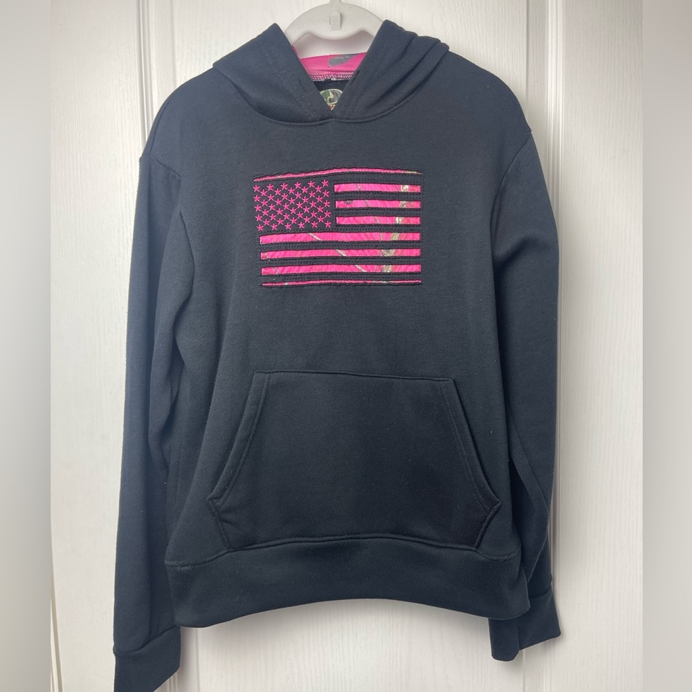 Black Mossy Oak Hoodie with Pink Camouflage Accent and American Flag